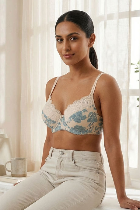 Zivame Floral Grace Padded Wired 3/4th Coverage Lace Bra - White Base With Blue Flower — image 4